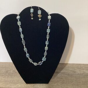 Vintage Blue Beaded Necklace and earrings with silver and white accent beads.